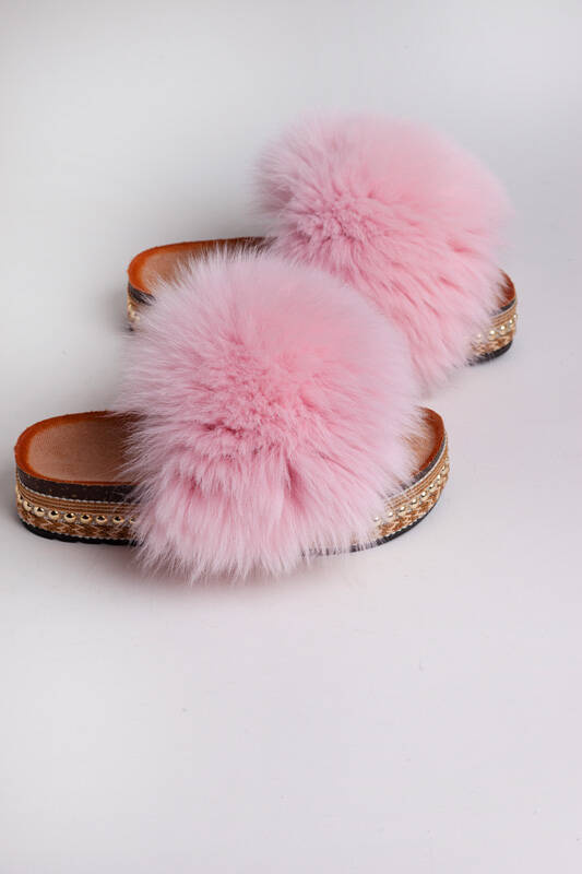 Top Fur Slides Sandals with Pink and Beige Fur