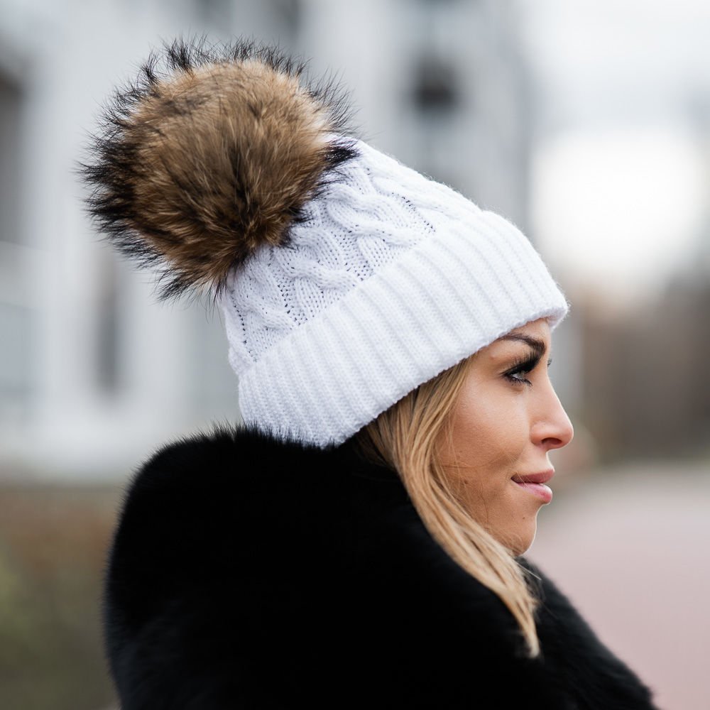 WOOL BEANIE HAT WITH GENUINE RACCOON FUR POM POM