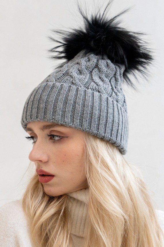  WOOL BEANIE HAT WITH GENUINE RACCOON FUR POM POM