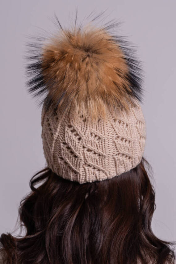  WOOL BEANIE HAT WITH GENUINE RACCOON FUR POM POM