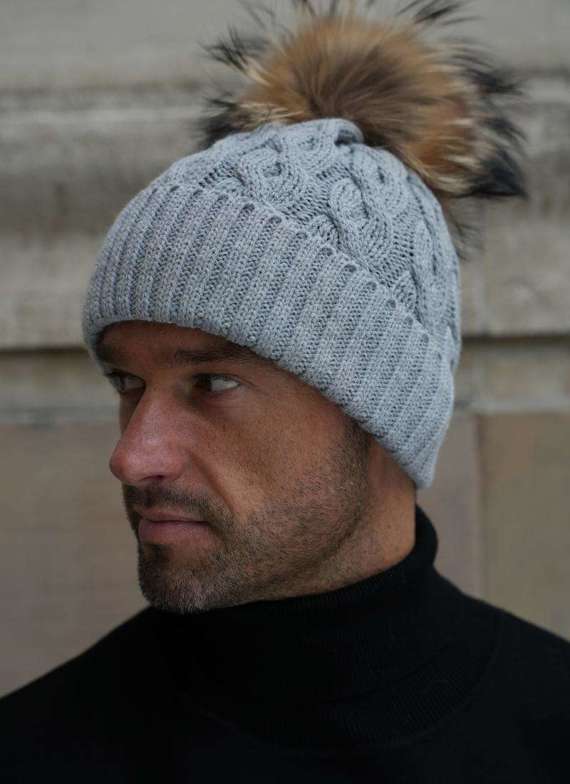 BLACK ALPACA WOOL HAT WITH GENUINE RACCOON FUR POM POM 