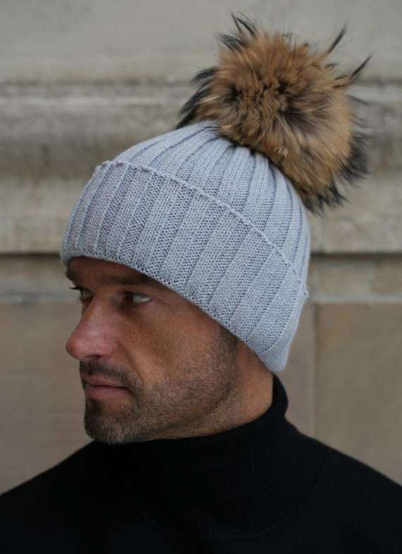 BLACK ALPACA WOOL HAT WITH GENUINE RACCOON FUR POM POM 