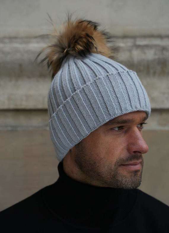 BLACK ALPACA WOOL HAT WITH GENUINE RACCOON FUR POM POM 