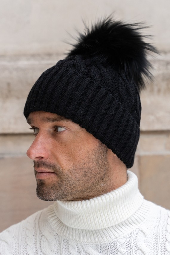 BLACK ALPACA WOOL HAT WITH GENUINE RACCOON FUR POM POM 