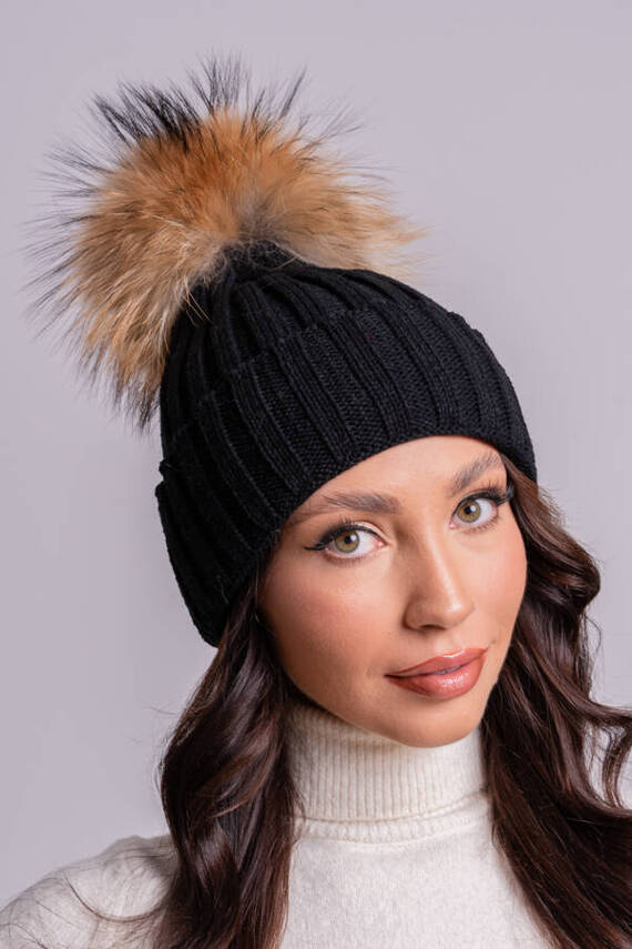 BLACK WOOL HAT WITH GENUINE RACCOON FUR POM POM 