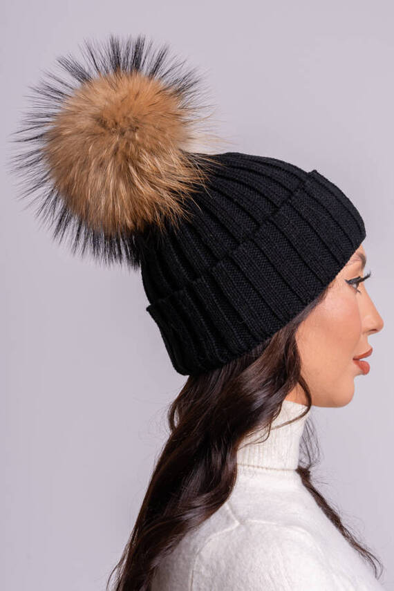 BLACK WOOL HAT WITH GENUINE RACCOON FUR POM POM 