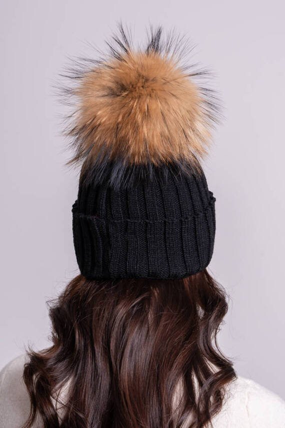 BLACK WOOL HAT WITH GENUINE RACCOON FUR POM POM 