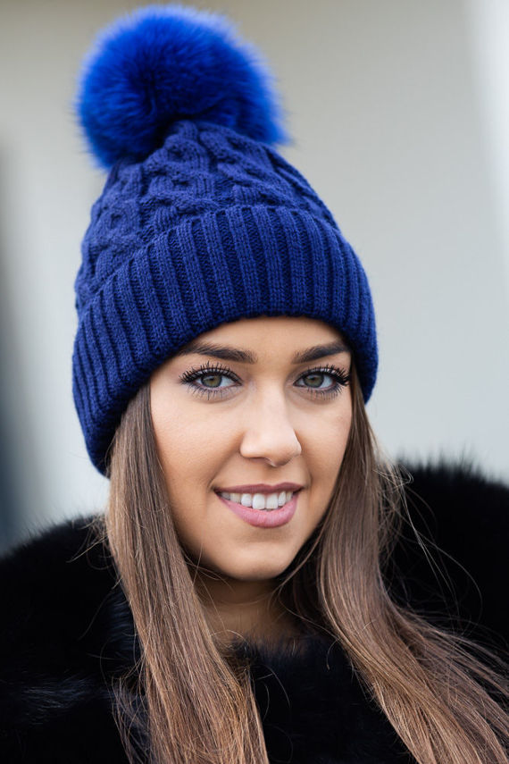 Beanie winter hat and scarf with real fur pom poms