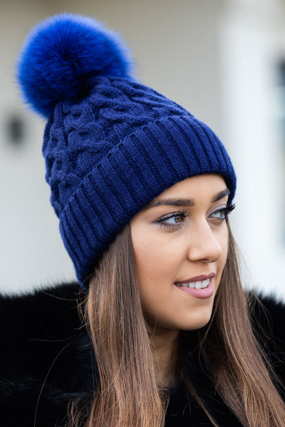 Beanie winter hat and scarf with real fur pom poms