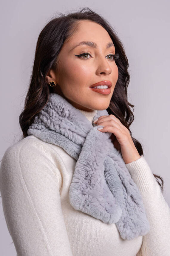 Grey Rex Rabbit Fur Snood Scarf with Pom Poms