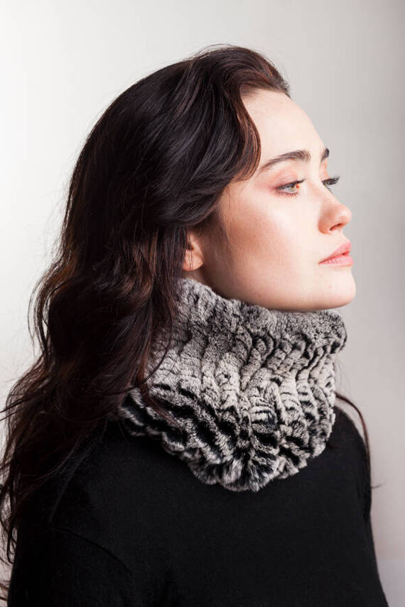 Grey knitted Rex Rabbit Fur Snood Scarf  