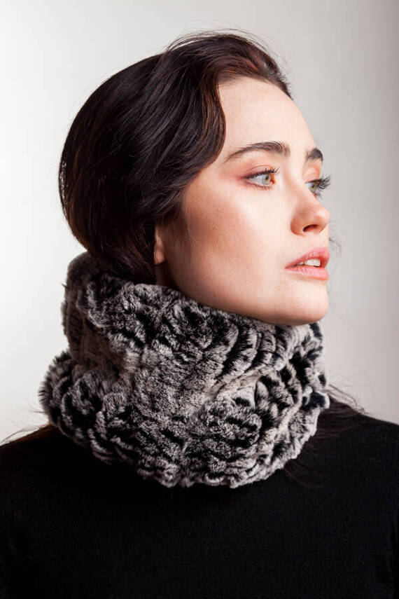 Grey knitted Rex Rabbit Fur Snood Scarf  