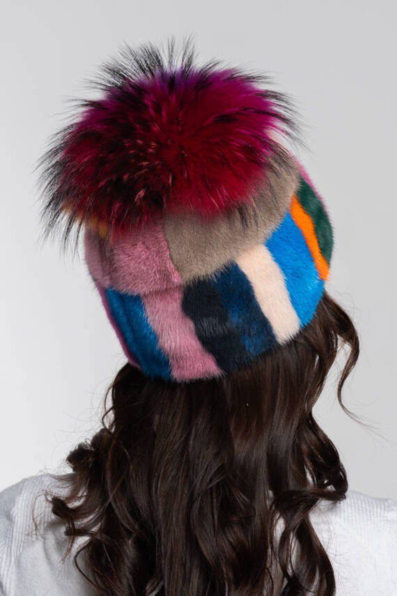 Knit Mink Beanie Hat with Fox Pom Pom in Red.