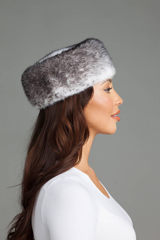 Knit Mink Beanie Hat with Fox Pom Pom in Red.