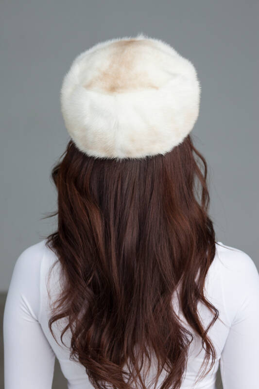 Knit Mink Beanie Hat with Fox Pom Pom in Red.