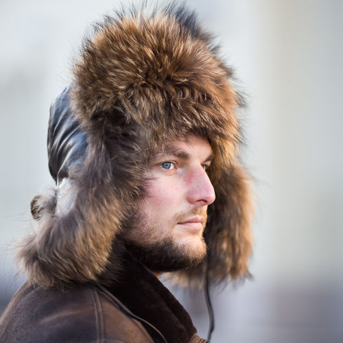 Men,s Raccoon Fur & Black Leather Trapper Hat     