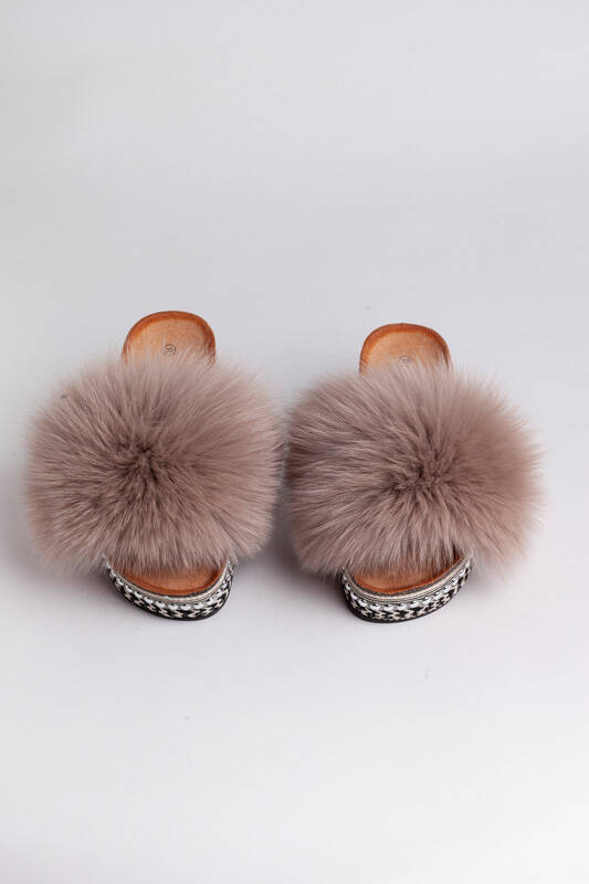 Top Fur Slides, Sandals with Pink and Beige Fur 