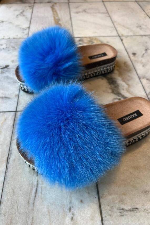 Top Fur Slides, Sandals with Pink and Beige Fur 