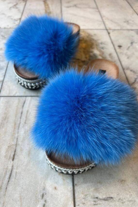 Top Fur Slides, Sandals with Pink and Beige Fur 