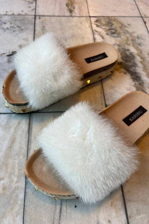 Top Fur Slides, Sandals with Pink and Beige Fur 