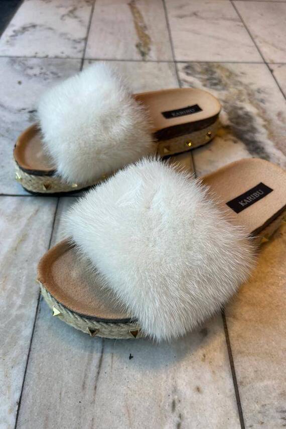 Top Fur Slides, Sandals with Pink and Beige Fur 