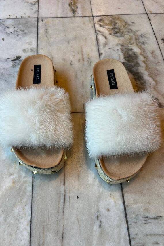 Top Fur Slides, Sandals with Pink and Beige Fur 