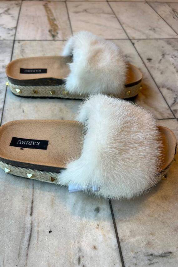 Top Fur Slides, Sandals with Pink and Beige Fur 