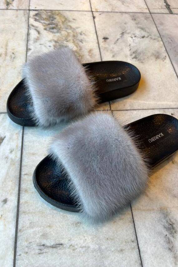 Top Fur Slides, Sandals with Pink and Beige Fur 