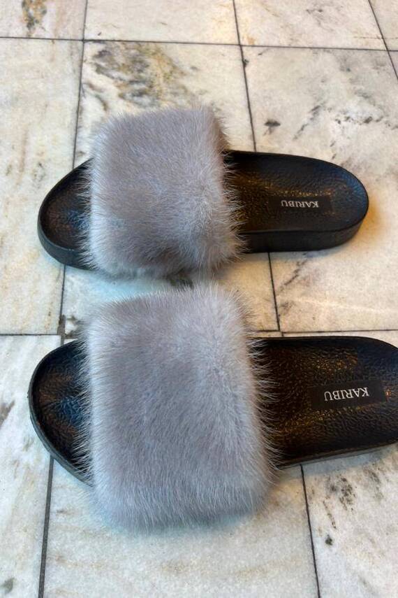 Top Fur Slides, Sandals with Pink and Beige Fur 