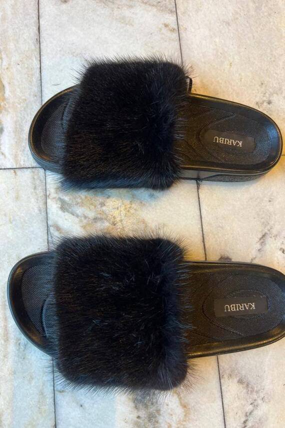 Top Fur Slides, Sandals with Pink and Beige Fur 