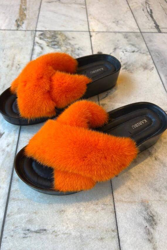 Top Fur Slides, Sandals with Pink and Beige Fur 