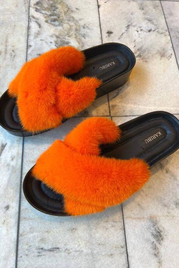 Top Fur Slides, Sandals with Pink and Beige Fur 