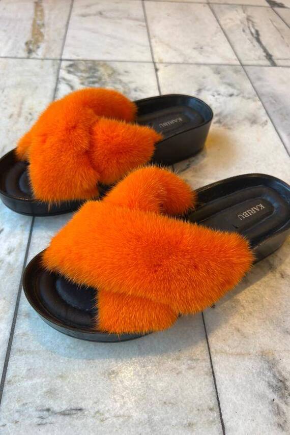 Top Fur Slides, Sandals with Pink and Beige Fur 