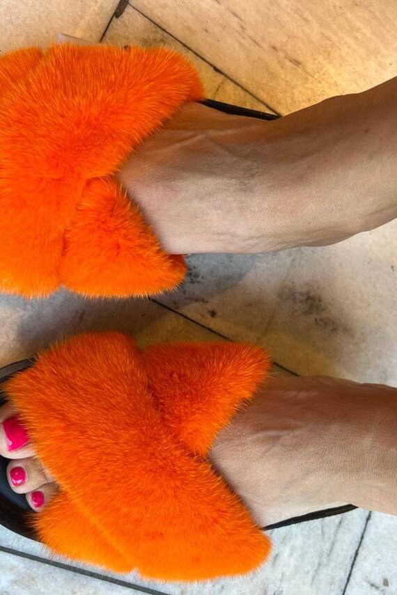 Top Fur Slides, Sandals with Pink and Beige Fur 