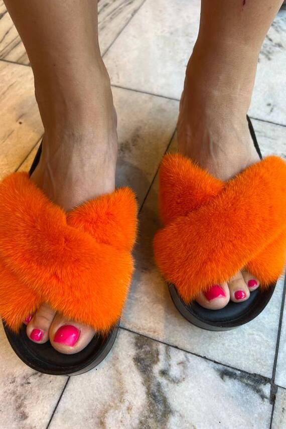 Top Fur Slides, Sandals with Pink and Beige Fur 