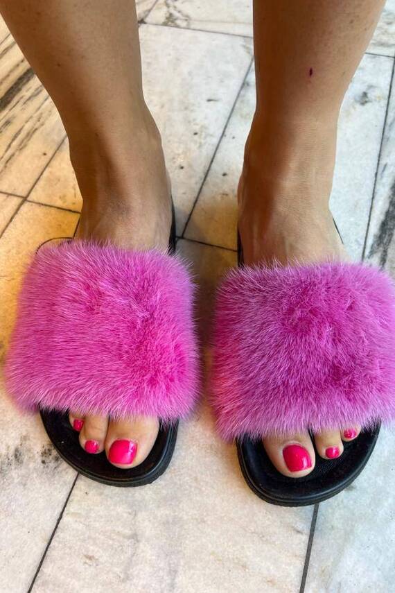 Top Fur Slides, Sandals with Pink and Beige Fur 