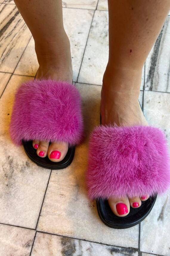 Top Fur Slides, Sandals with Pink and Beige Fur 