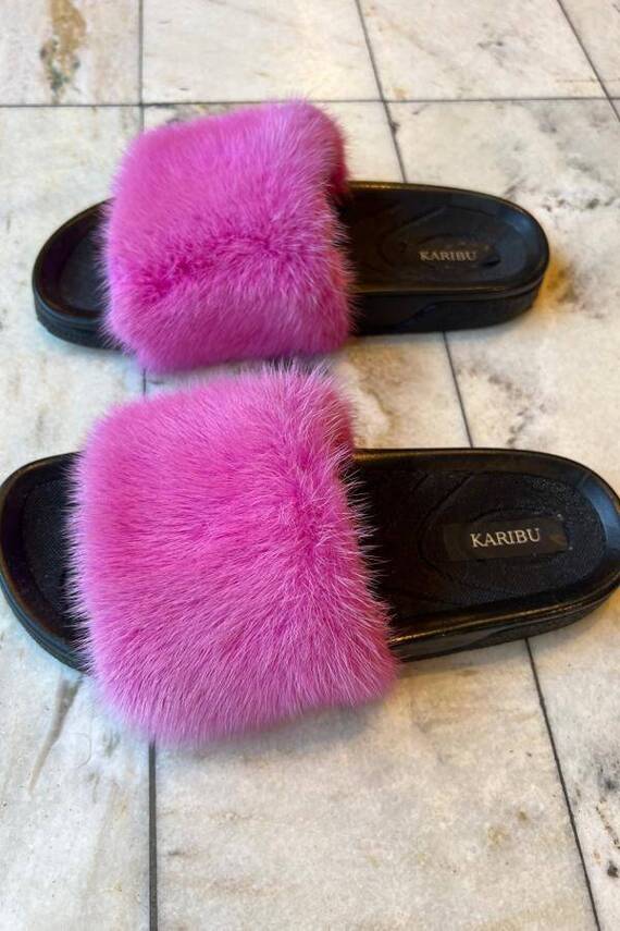 Top Fur Slides, Sandals with Pink and Beige Fur 