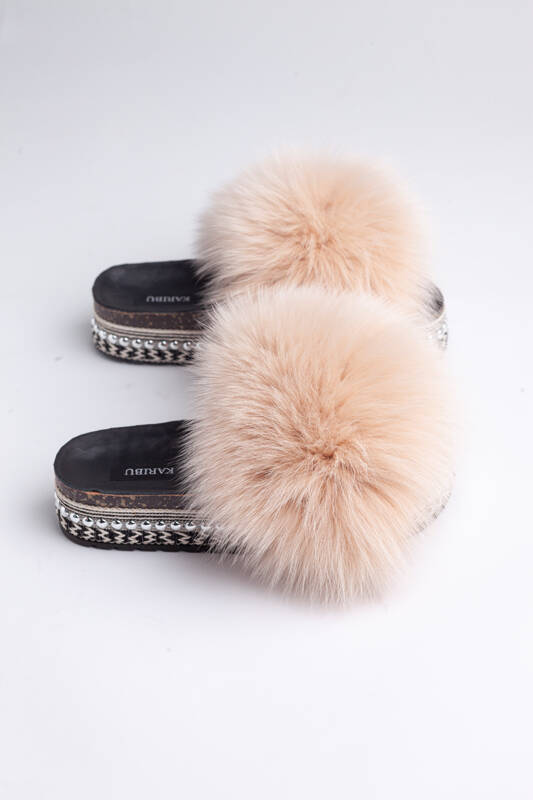 Top Fur Slides, Sandals with Pink and Beige Fur 