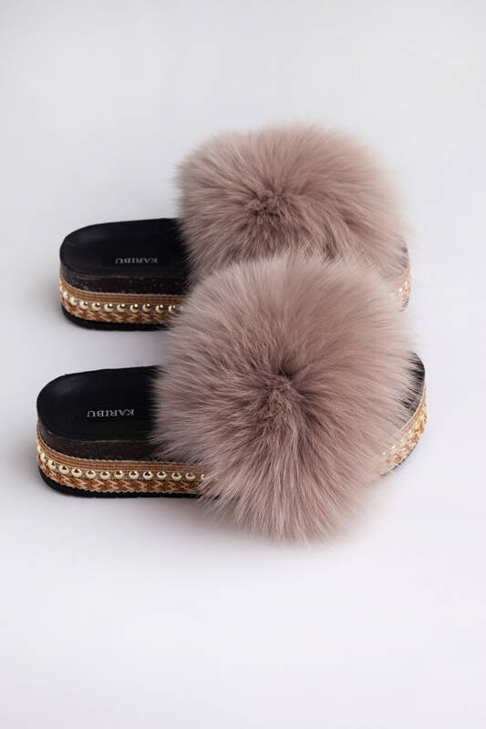 Top Fur Slides, Sandals with Pink and Beige Fur 