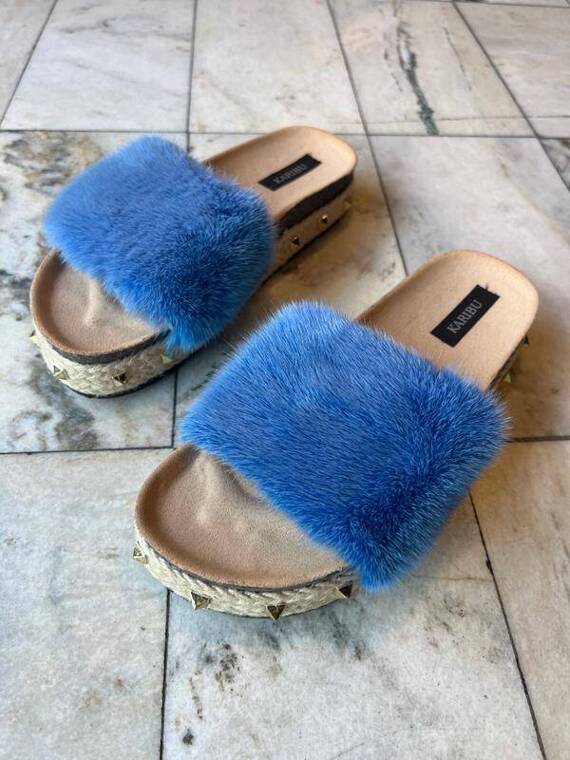 Top Fur Slides, Sandals with Pink and Beige Fur 