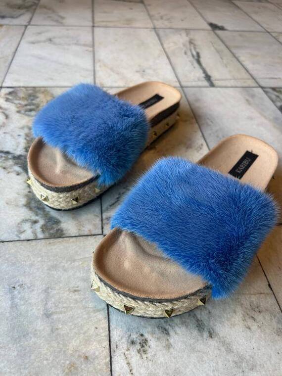 Top Fur Slides, Sandals with Pink and Beige Fur 