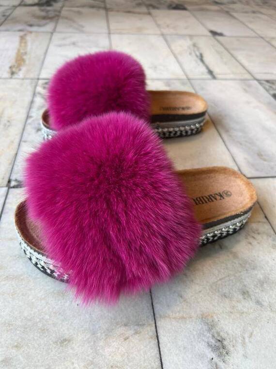 Top Fur Slides, Sandals with Pink and Beige Fur 