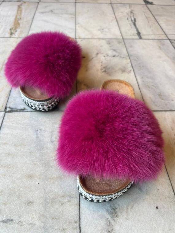 Top Fur Slides, Sandals with Pink and Beige Fur 