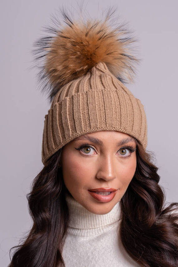 WOOL BEANIE HAT WITH GENUINE RACCOON FUR POM POM