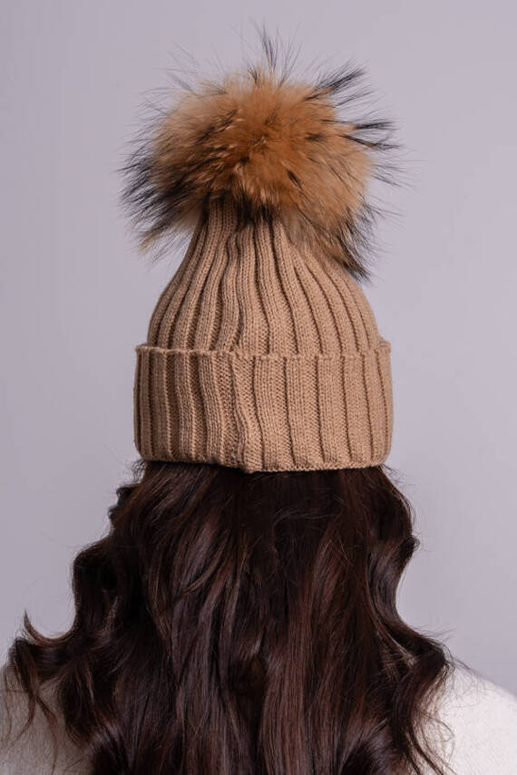 WOOL BEANIE HAT WITH GENUINE RACCOON FUR POM POM