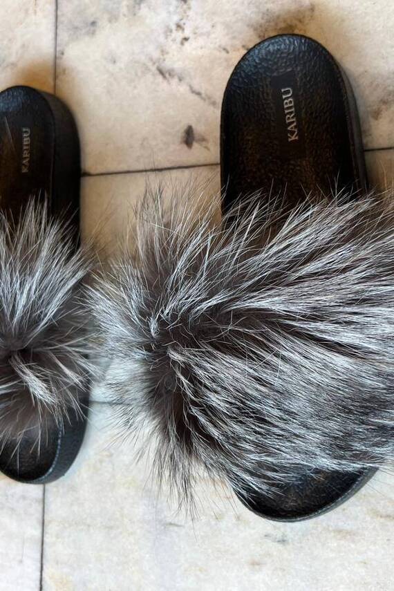 Women's Beige Fur Slides, Sandals with Beige Fox Fur