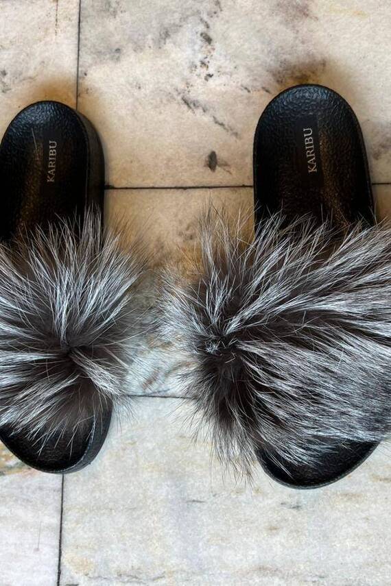 Women's Beige Fur Slides, Sandals with Beige Fox Fur