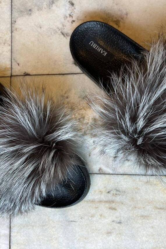 Women's Beige Fur Slides, Sandals with Beige Fox Fur