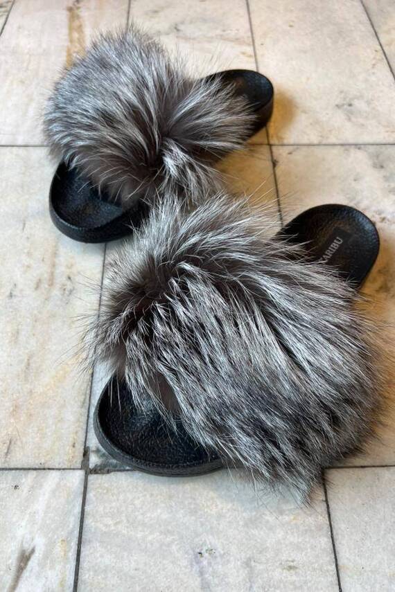 Women's Beige Fur Slides, Sandals with Beige Fox Fur